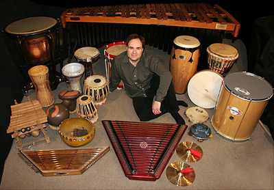 Richard Moore with a selection of percussion instruments